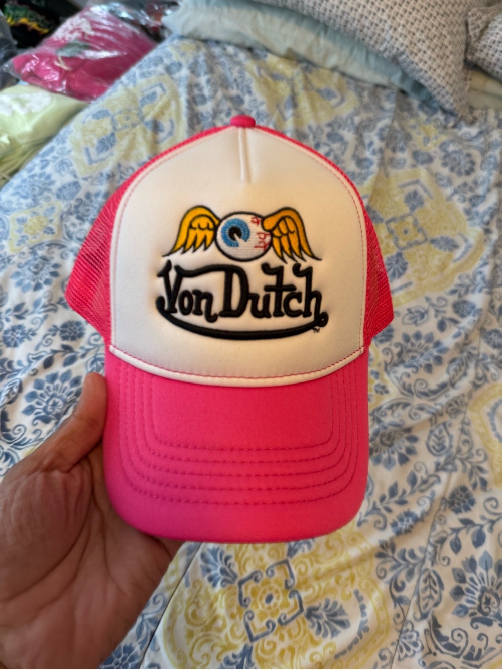 Von Dutch Pink and White Woman Trucker Cap with Winged Eyeball Patch
